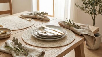 Mesa posta elegante com sousplats de crochê off-white e louças sofisticadas em estilo boho chic.