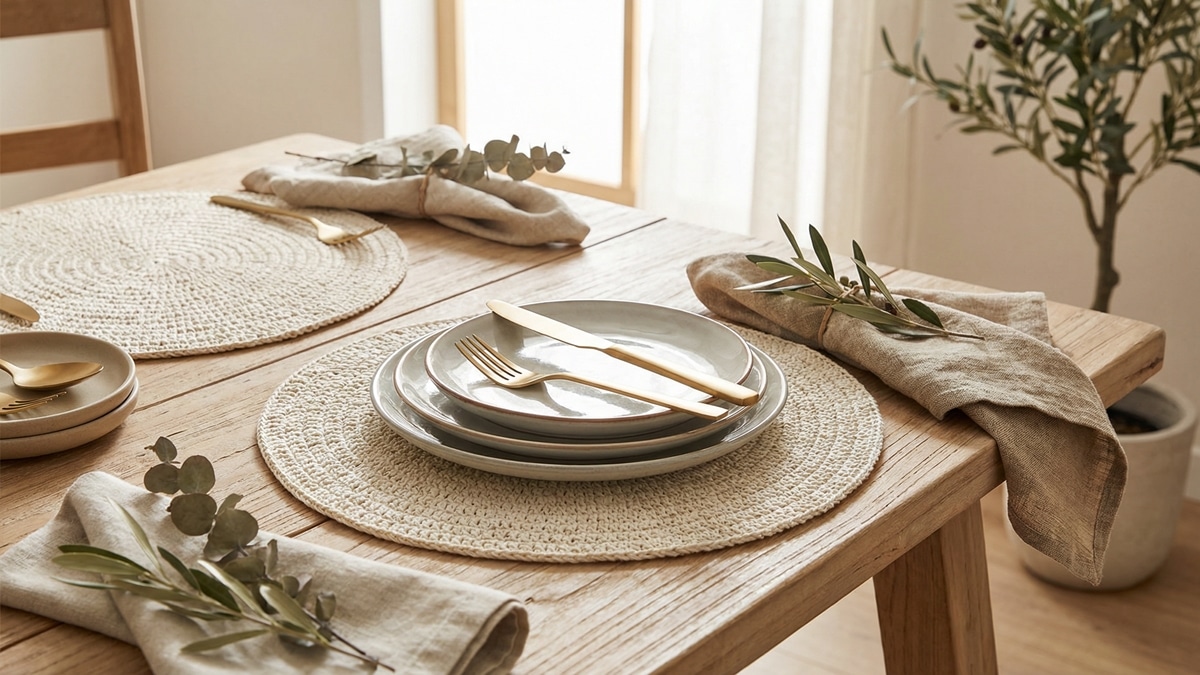 Mesa posta elegante com sousplats de crochê off-white e louças sofisticadas em estilo boho chic.