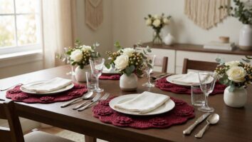 Mesa posta com sousplats de crochê redondos em vermelho vinho com aplicações delicadas.