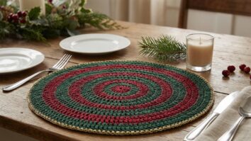 Sousplat de crochê natalino verde e vermelho com borda dourada em mesa posta elegante de fim de ano