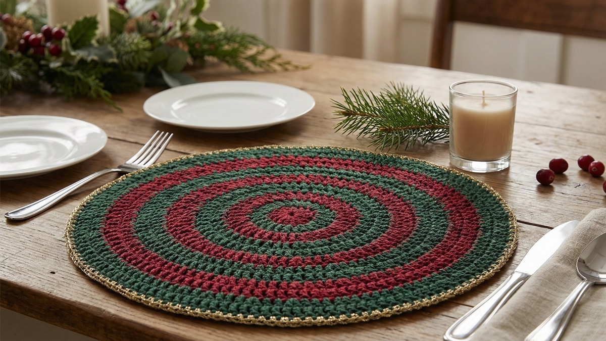 Sousplat de crochê natalino verde e vermelho com borda dourada em mesa posta elegante de fim de ano