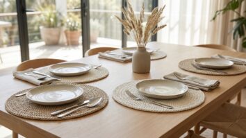 Mesa posta elegante com sousplats de crochê em tons bege sob pratos de cerâmica neutra e guardanapos de linho