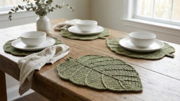 Mesa de jantar com sousplats de crochê em formato de folha verde oliva sob louça branca