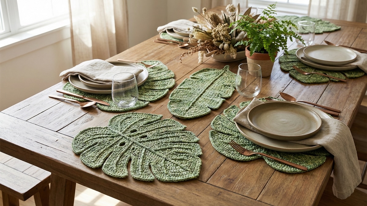 Mesa posta com sousplats de crochê em formato de folhas tropicais verdes e louças neutras