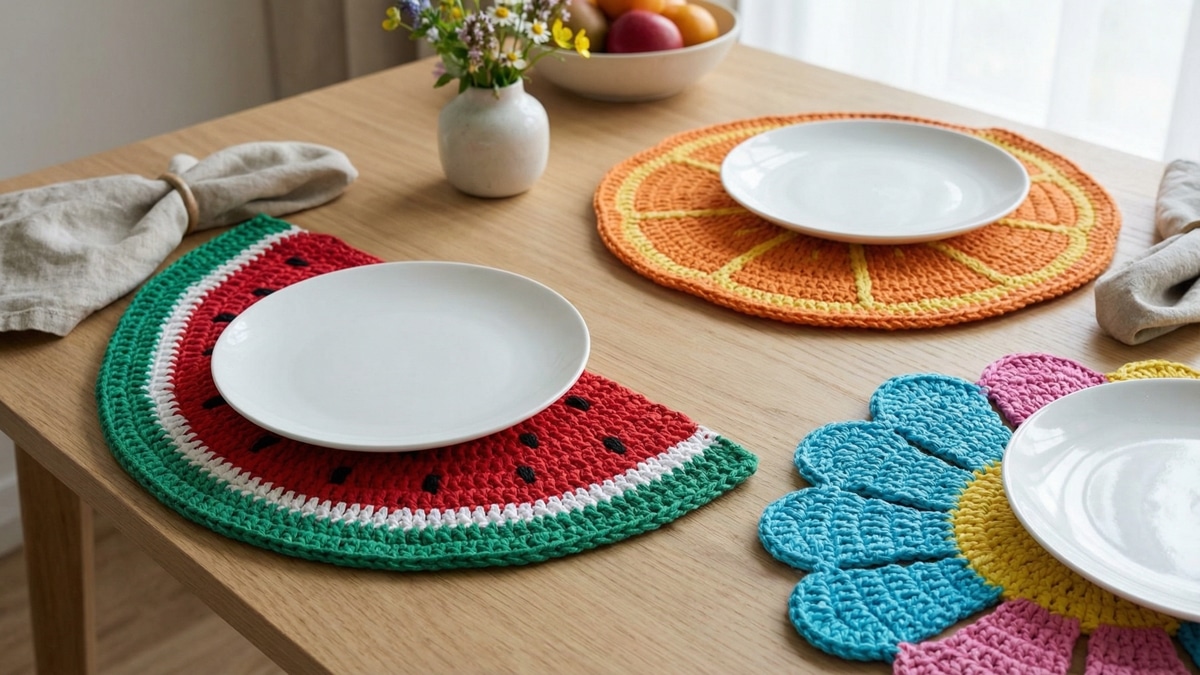 Sousplats de crochê em formato de frutas fatiadas e flores coloridas sob pratos brancos