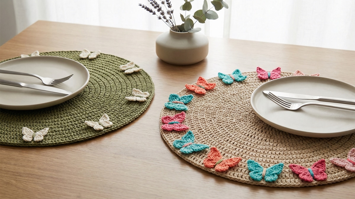 Sousplats redondos de crochê com borboletas aplicadas ao redor das bordas