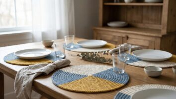 Mesa posta com sousplats redondos de crochê color block e louça branca elegante