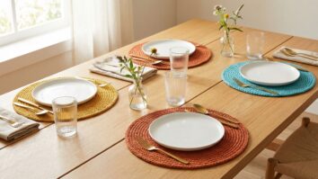 Sousplats redondos de crochê em cores vibrantes sobre mesa posta com pratos brancos