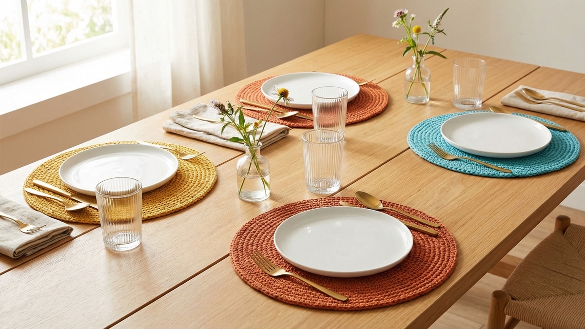 Sousplats redondos de crochê em cores vibrantes sobre mesa posta com pratos brancos