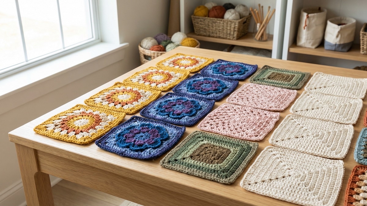 Diversos squares de crochê em diferentes estilos e cores dispostos sobre mesa de madeira clara