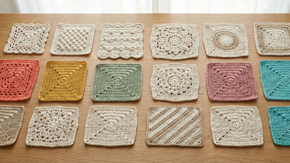 Seleção de squares de crochê com variedade de pontos e cores sobre madeira