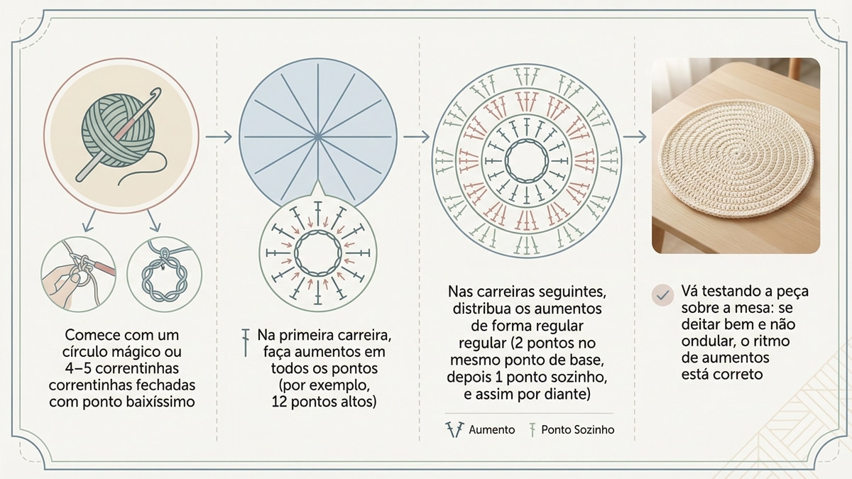 Infográfico sobre como montar um souplat básico de crochê, mostrando passo a passo desde o círculo mágico até a distribuição de aumentos e verificação da peça final.