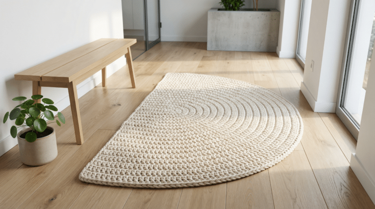 Tapete de crochê em forma de meia-lua em tom creme suave, com texturas espessas em padrão de anéis concêntricos, posicionado em entrada moderna sobre piso de carvalho claro, iluminado naturalmente