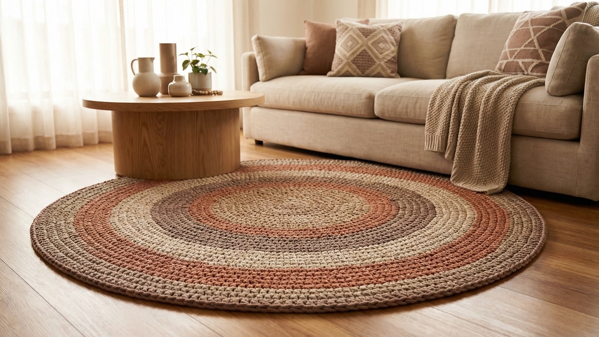 Tapete redondo de crochê em tons terrosos centralizado em sala de estar contemporânea.