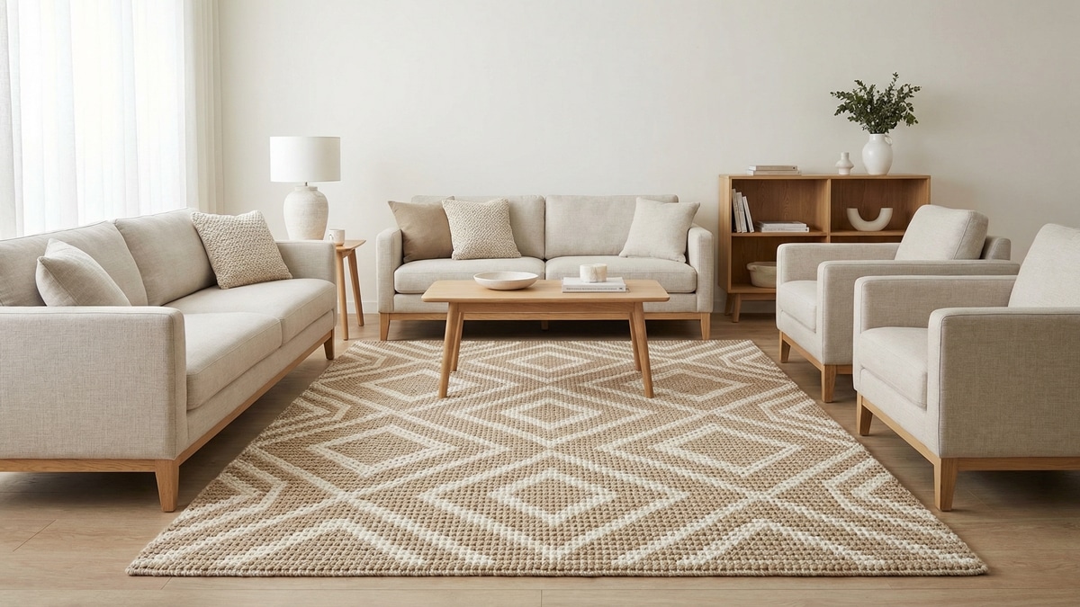Sala de estar contemporânea decorada com tapete de crochê geométrico em tons neutros e móveis de madeira clara.