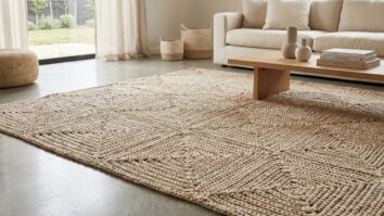 Tapete geométrico de crochê em barbante bege em sala contemporânea com sofá neutro e madeira clara