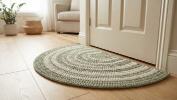 Tapete de crochê meia-lua verde e branco disposto no chão em frente a porta em ambiente aconchegante