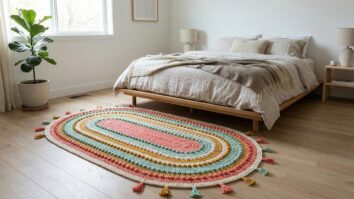 Quarto moderno com tapete oval de crochê colorido com detalhes charmosos ao pé da cama