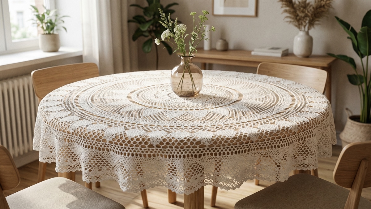 Toalha de mesa redonda em crochê rendado artesanal branco sobre mesa de madeira clara em sala de jantar acolhedora, com luz natural difusa lateral e arranjo discreto em vaso translúcido.
