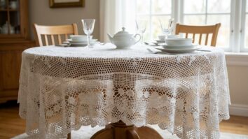 Sala de jantar clássica com toalha de mesa em crochê rendado branco sobre mesa redonda