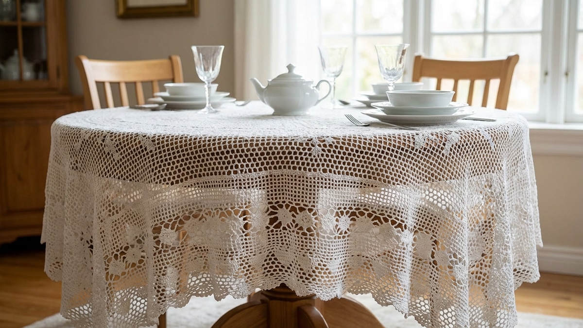 Sala de jantar clássica com toalha de mesa em crochê rendado branco sobre mesa redonda