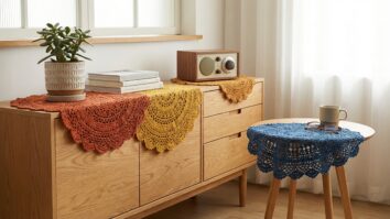 Quatro toalhinhas de crochê coloridas sobre móveis claros em ambiente acolhedor