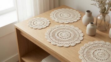Toalhinhas de crochê rendadas em tom cru sobre móvel de madeira clara