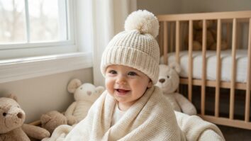 Bebê sorrindo usando touca de crochê off-white com pompom em ambiente acolhedor de quarto infantil