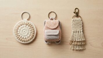 Três chaveiros de crochê dispostos lado a lado sobre madeira clara