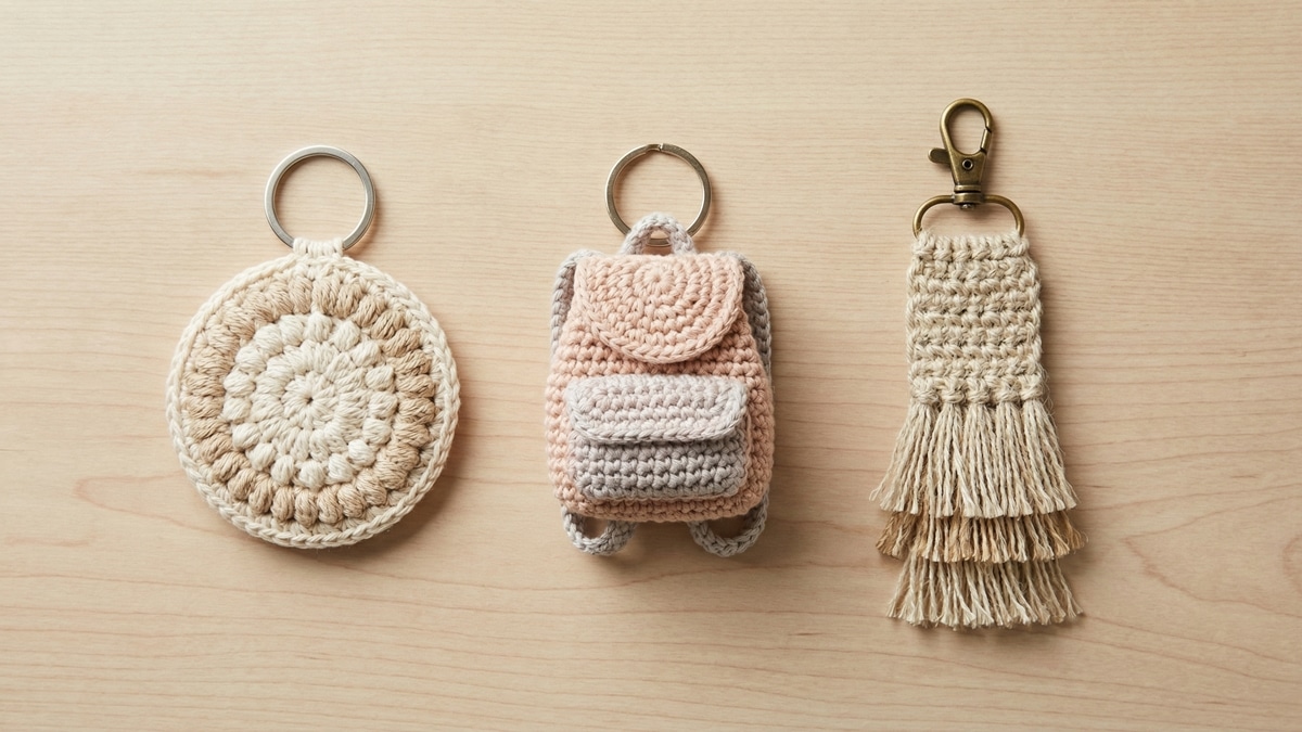 Três chaveiros de crochê dispostos lado a lado sobre madeira clara