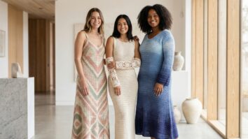 Três mulheres sorrindo usando vestidos de crochê em ambiente moderno e elegante