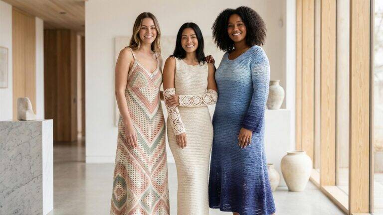 Três mulheres sorrindo usando vestidos de crochê em ambiente moderno e elegante