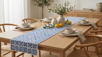 Mesa de jantar com trilho de crochê azul e branco inspirado em azulejo português