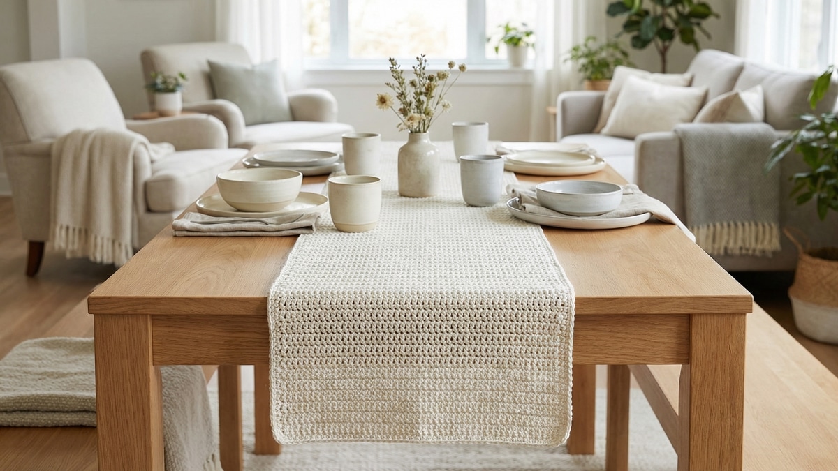 Trilho de mesa em crochê off-white sobre mesa de madeira com louça em tons suaves