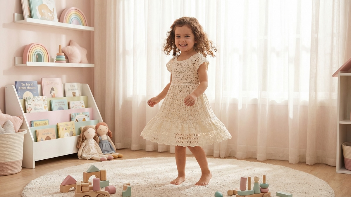 Menina sorrindo usando vestidinho de crochê claro em quarto infantil delicado