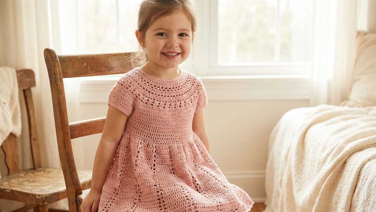 Menina sorrindo usando vestido de crochê rosa infantil com pala redonda e pontos delicados em ambiente suave.