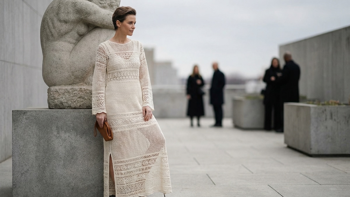 Mulher elegante em evento urbano usando vestido longo de crochê off-white com fenda discreta e caimento fluido.