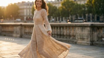 Mulher sorridente com vestido longo de crochê bege em ambiente externo ao entardecer