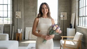 Mulher sorrindo com vestido de crochê neutro segurando buquê artesanal em loft