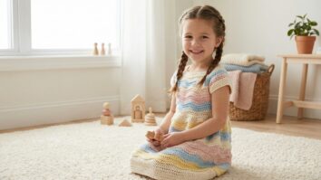 Menina sorrindo usando vestido de crochê infantil em tons suaves com pontos coloridos em ambiente delicado