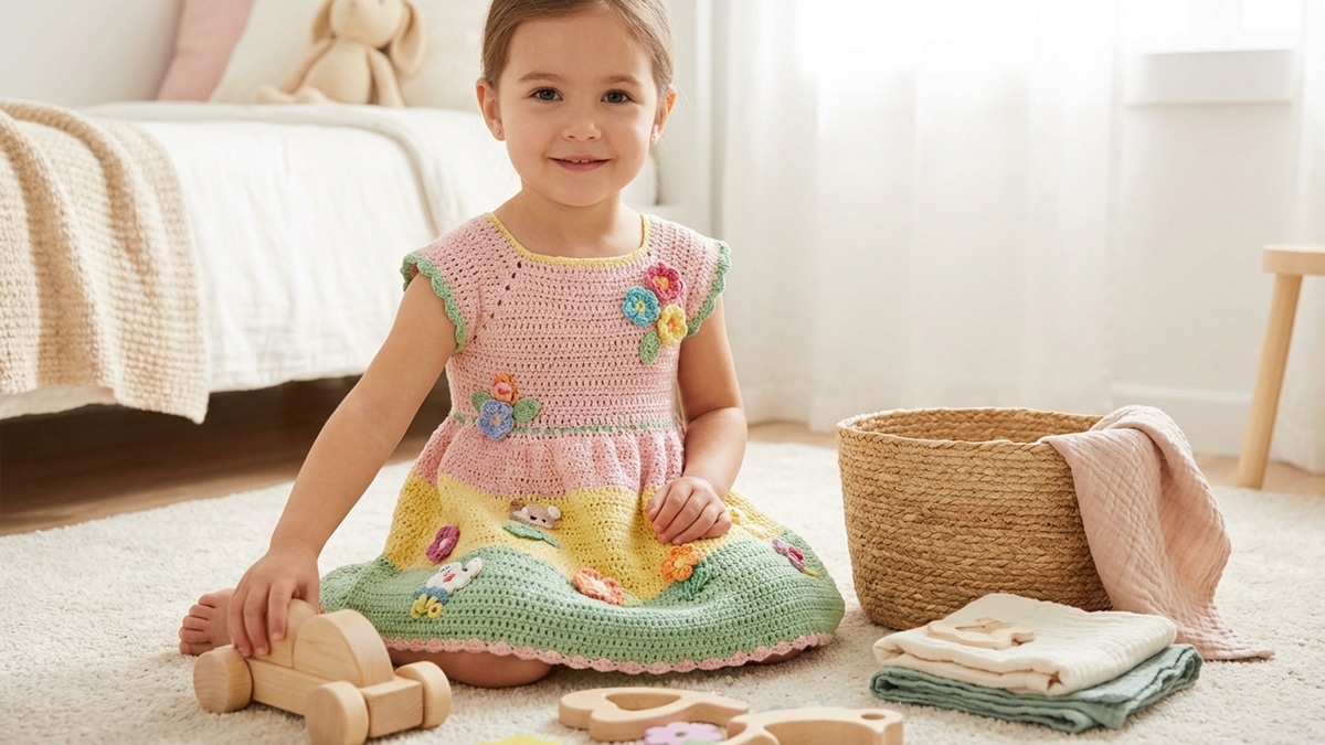 Menina sorridente usando vestido de crochê infantil em tons pastéis em ambiente acolhedor