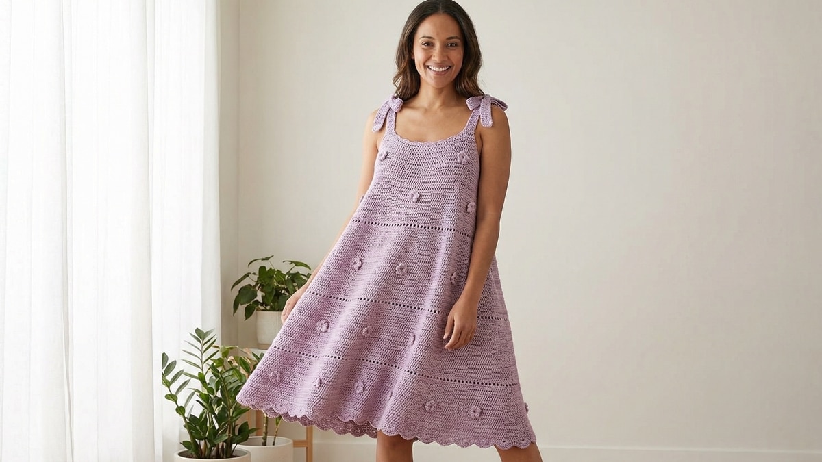 Vestido de crochê trapézio lilás de alcinhas com caimento fluido em ambiente moderno