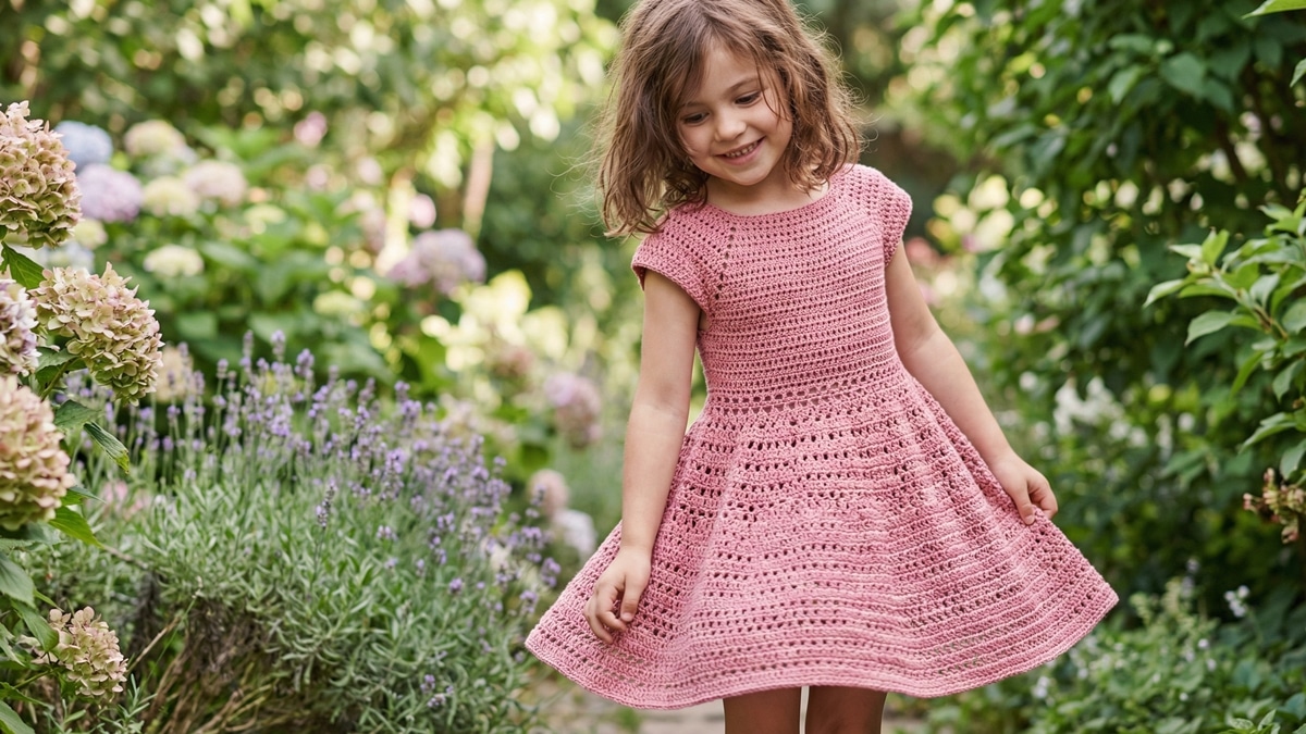 Menina sorrindo usando vestido de crochê rosa em jardim iluminado e acolhedor