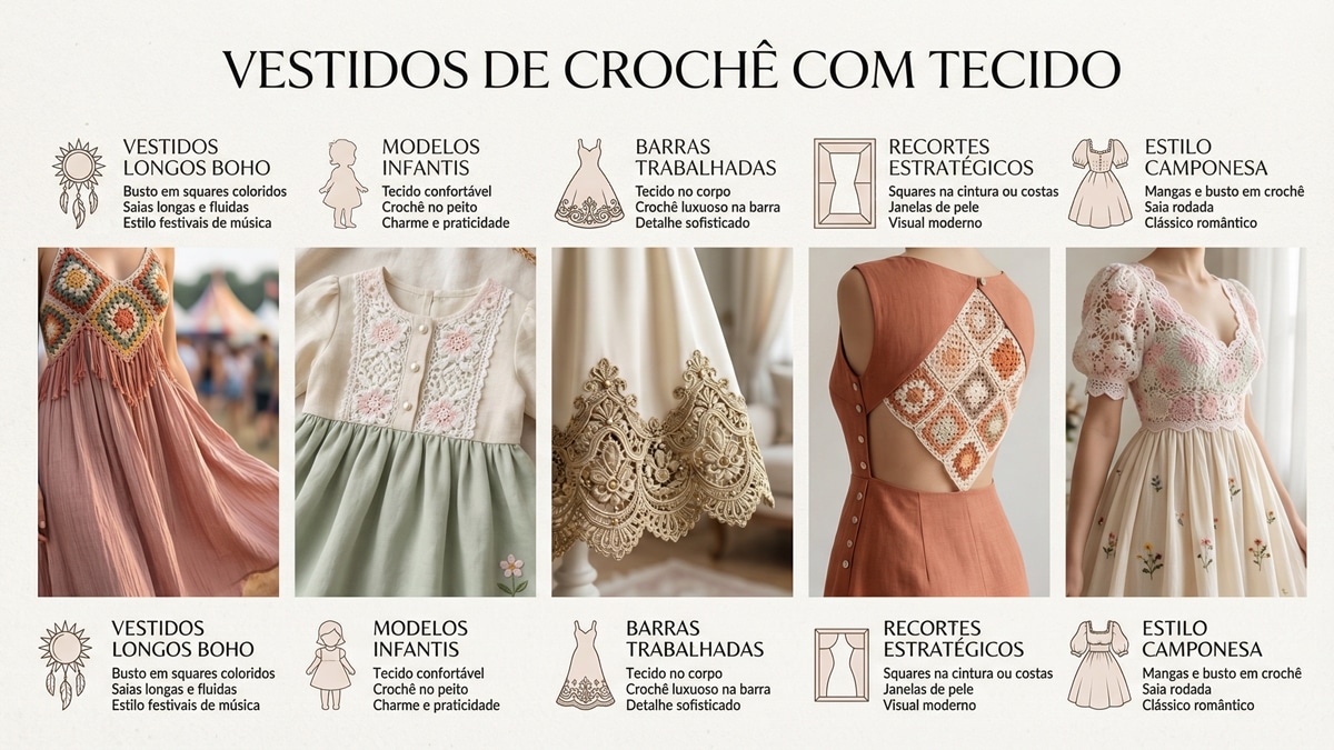 Infográfico mostrando cinco estilos de vestidos que combinam crochê com tecido, do boho ao romântico