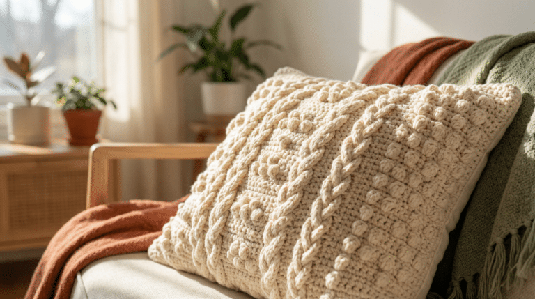 Almofada de crochê artesanal em tom creme, destacando a textura tridimensional dos pontos de crochê, com iluminação solar suave e ambiente minimalista ao fundo.