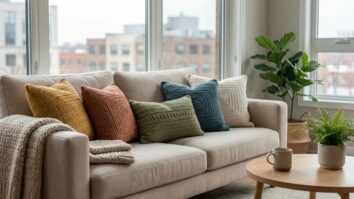 Sofá neutro em sala de estar urbana decorado com almofadas de crochê artesanal nas cores mostarda, terracota e verde.