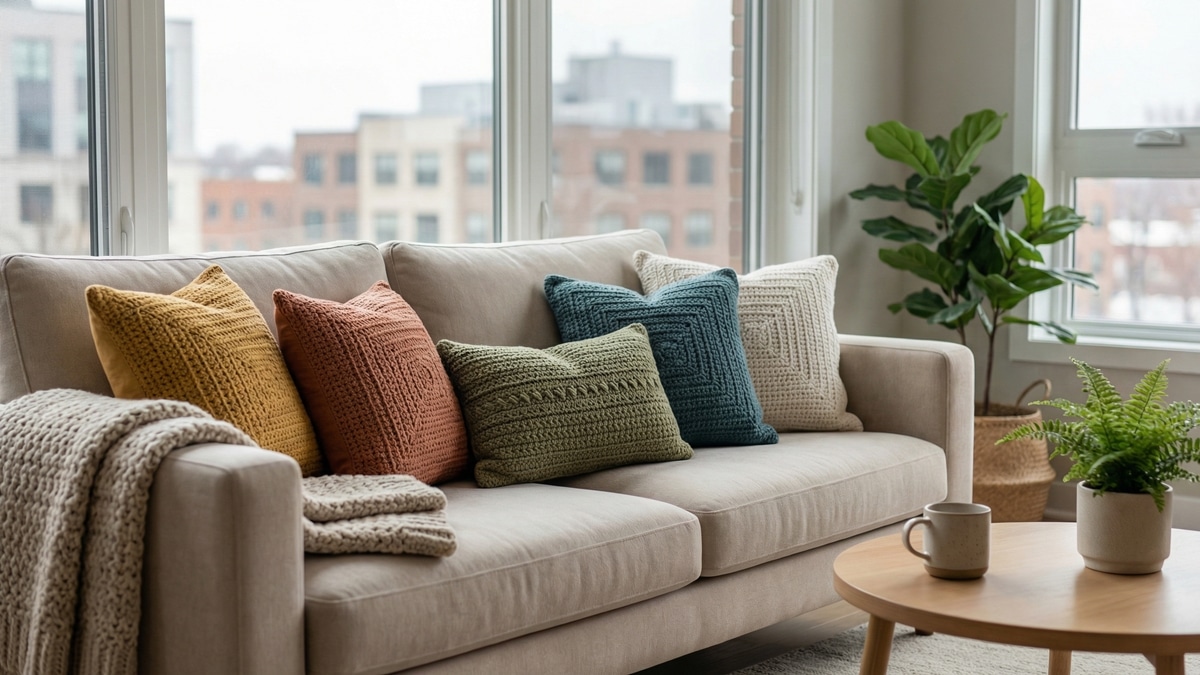 Sofá neutro em sala de estar urbana decorado com almofadas de crochê artesanal nas cores mostarda, terracota e verde.