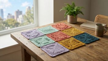 Mesa de trabalho em apartamento urbano com grade de amostras de pontos de crochê coloridas (lavanda, menta, coral) organizadas, iluminada por luz natural.