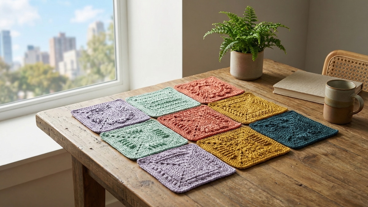 Mesa de trabalho em apartamento urbano com grade de amostras de pontos de crochê coloridas (lavanda, menta, coral) organizadas, iluminada por luz natural.