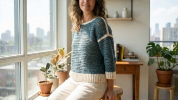 Mulher sorrindo em ateliê urbano iluminado, vestindo blusa de crochê artesanal azul petróleo e off-white com texturas detalhadas.